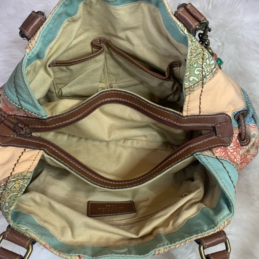 Fossil Patchwork Boho Hobo Satchel Handbag - image 6